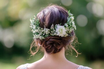 Naklejka premium Elegant bridal updo with delicate floral crown featuring white blooms and greenery, perfect for a romantic, natural wedding style.