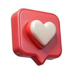 3D render, social media heart icon, red speech bubble
