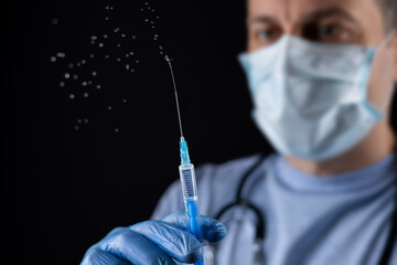 Doctor, or scientist hand in blue nitrile gloves holding flu,