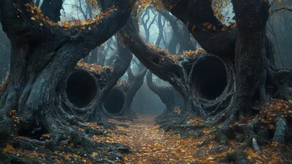 A surreal path through a forest of hollow, gnarled trees in autumn.