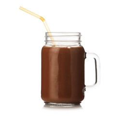 Tasty chocolate milk in glass mason jar isolated on white