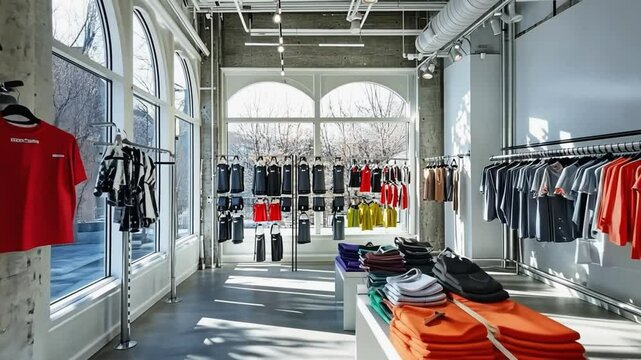 Clothing store interior displaying colorful t shirts and pants