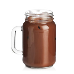 Tasty chocolate milk in mason jar isolated on white
