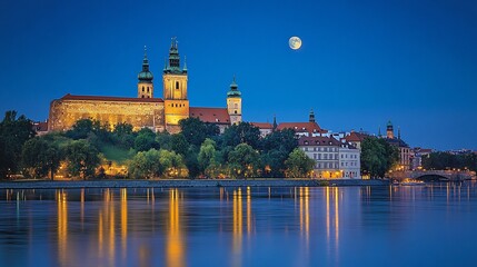 Obraz premium Historic castle reflecting in river under a full moon at dusk for travel or history