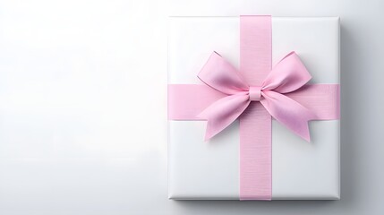 A white gift box with a pink ribbon and bow