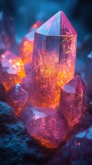 Glowing crystal formation on dark surface with blue background.