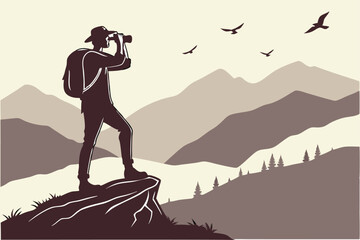 Naklejka premium Nature Photographer Hiking Vector – Person Taking Photos in Mountains with Backpack and Camera