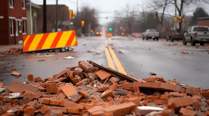 Fototapeta premium Road construction site with debris and bricks on the street