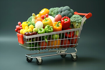 Fresh vegetables and fruits packed in a shopping cart against a plain green background