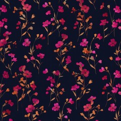 Obraz premium Dark Floral Watercolor Pattern: Delicate Pink Blooms on Midnight Blue
