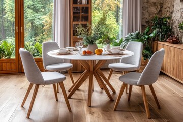 Fototapeta premium Modern dining room with a round white table, gray chairs with light wooden legs, and a bright interior featuring natural materials and plants as decor.