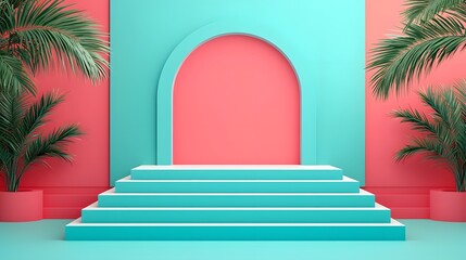 Tropical geometric minimalist stairs in vibrant colors