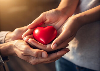 Fototapeta premium Hands Holding a Red Heart, Symbol of Love and Care
