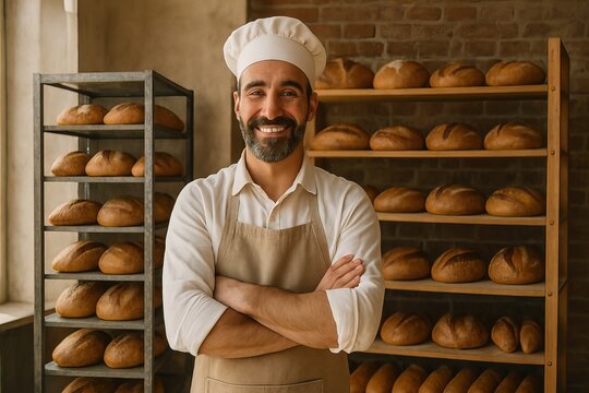 Confident smiling baker in traditional outfit standing in bakery with shelves filled with freshly baked bread loaves