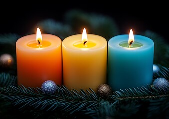 Christmas candles, dark setting, festive display