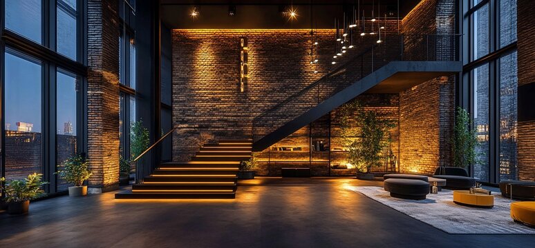 Industrial Loft Lobby with City View Stairs