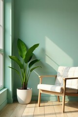 Modern minimalist interior mockup, green plant , artwork, interior design