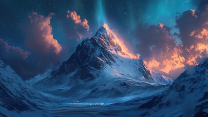 A snowy mountain peak basks in aurora light at dawn or dusk.