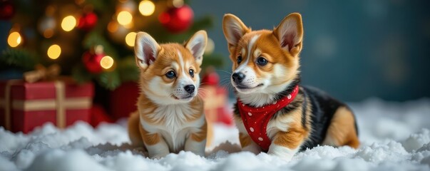 Pembroke Welsh Corgi and kitten, Christmas scene , holiday season, animals, xmas