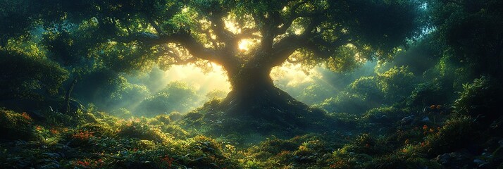 A large tree stands in a forest with light shining behind it.