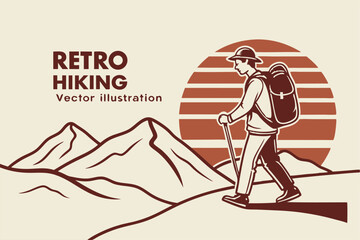Retro Hiking Vector Design with text – Mountain Explorer Silhouette with Vintage Stripes for T-Shirt, Poster & Branding