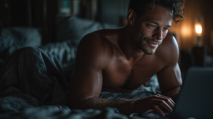A man is laying on a bed and using a laptop