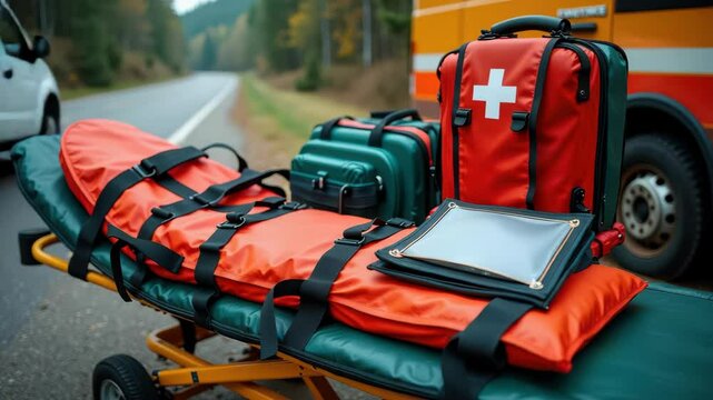 An emergency medical kit placed on a stretcher on the roadside, ready for medical assistance.