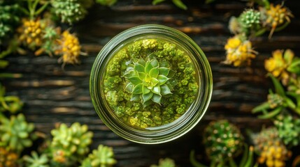 A small green plant is in a glass jar on a wooden table