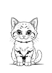 Cute Tabby Kitten Line Drawing &ndash; Black and White Cat Illustration for Coloring Pages and Children&rsquo;s Books