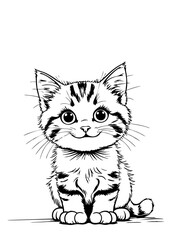 Cute Tabby Kitten Line Drawing – Black and White Cat Illustration for Coloring Pages and Children’s Books