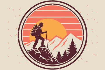 Nature Hiking Badge Vector Set – Scenic Wilderness Landscape Icons with Hikers and Mountains