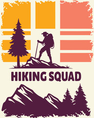 Obraz premium Retro Hiking Vector Design with text – Mountain Explorer Silhouette with Vintage Stripes for T-Shirt, Poster & Branding