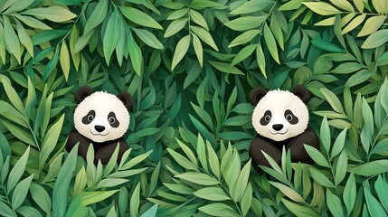Pandas peeking through lush green leaves
