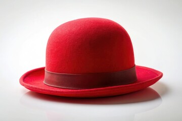 Elegant minimalist photography: a red clown hat elegantly posed on a pure white backdrop.