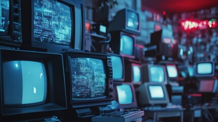 Stack of vintage CRT televisions and computers in a dimly lit room.