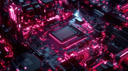 Obraz premium Close-up of a computer motherboard with CPU, showcasing intricate circuitry and neon pink lighting.