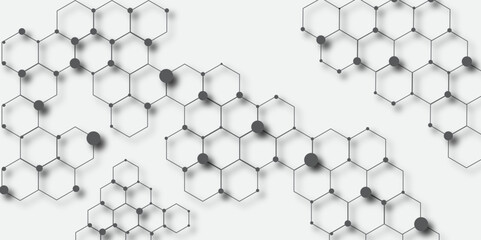 Science network pattern, connecting lines and dots Medical background. Abstract white background with hexagon and hexagonal background. Abstract hexagon white background with shadow.