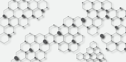 Science network pattern, connecting lines and dots Medical background. Abstract white background with hexagon and hexagonal background. Abstract hexagon white background with shadow.