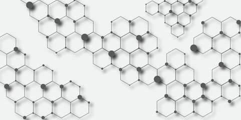 Science network pattern, connecting lines and dots Medical background. Abstract white background with hexagon and hexagonal background. Abstract hexagon white background with shadow.