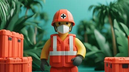 Construction worker in safety gear on a tropical worksite