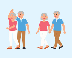 happy senior husband and wife dancing together,  an old married couple character holding hand and walking outdoor together illustration vector