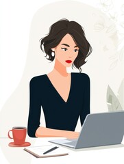 Elegant Woman Working on Laptop: Modern Minimalist Illustration