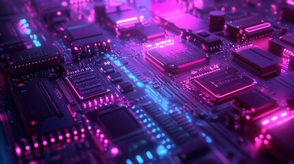 Obraz premium Close-up of a vibrant, glowing circuit board with intricate electronic components.