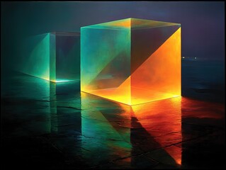 Two abstract translucent cubes with colorful light rays in a dark environment.