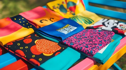 Collection of folded graphic tees with retro prints arranged on a colorful bench