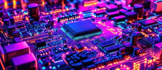 Obraz premium Close-up of a vibrant circuit board with a central processor.