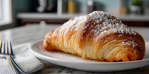 Flaky croissant dusted with powdered sugar