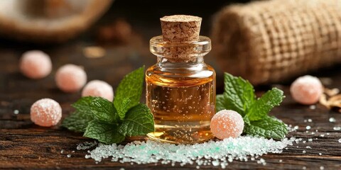 Essential Oil. Glass Bottle Of Aroma Essential Oil Peppermint Surrounded By Mint Leaves And Candies