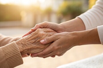 A tender young hand gently cradles a weathered elder's hand, a silent testament to enduring love and unwavering support, bathed in soft, warm sunlight.