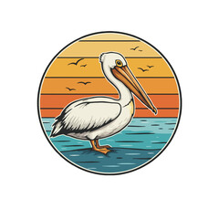 Pelican in a retro style circle with sunset and water.